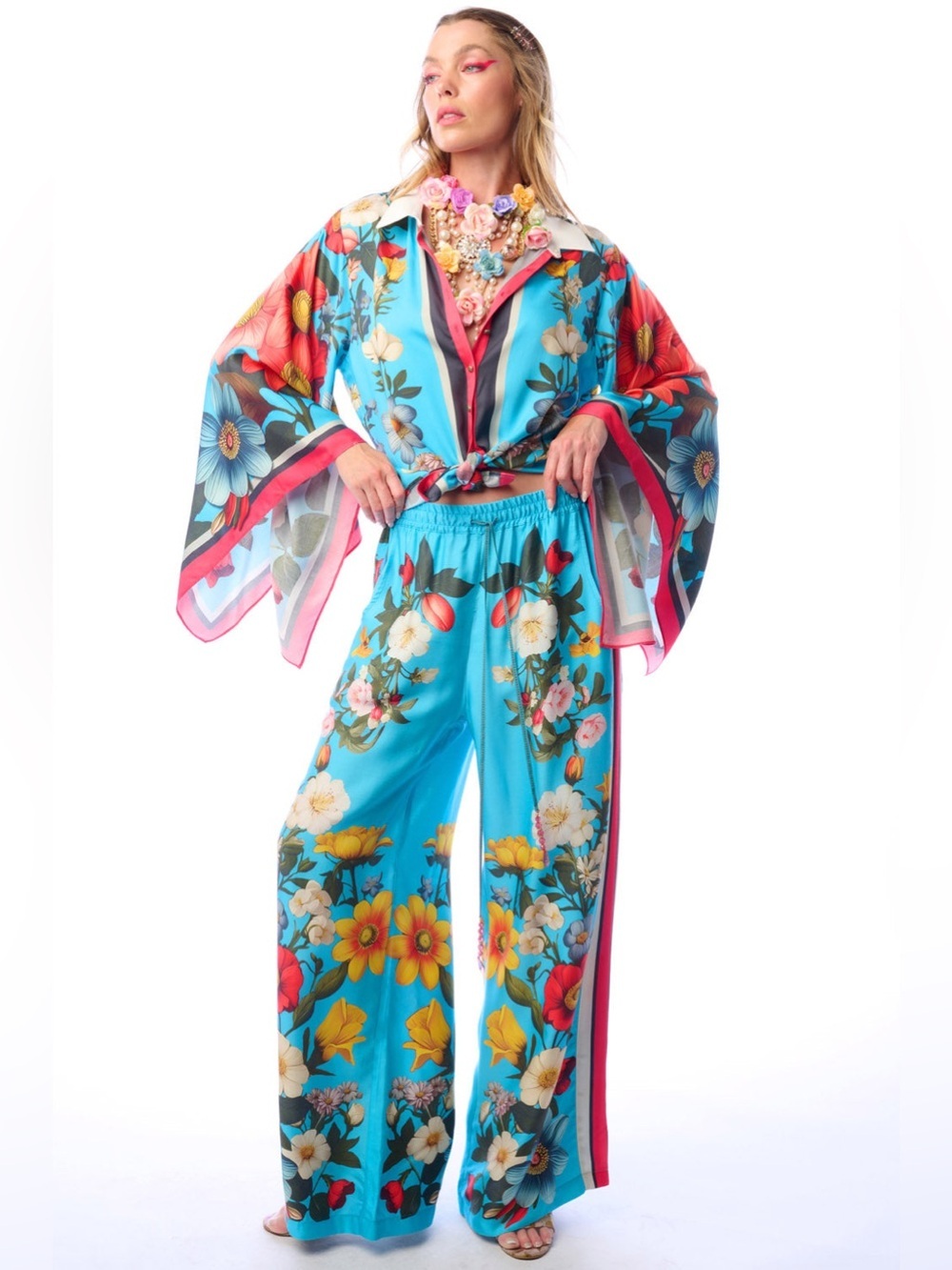 Aratta Blue Floral Wide Leg Pants L Boho Resort Coastal Grandma NWT - Picture 6 of 8